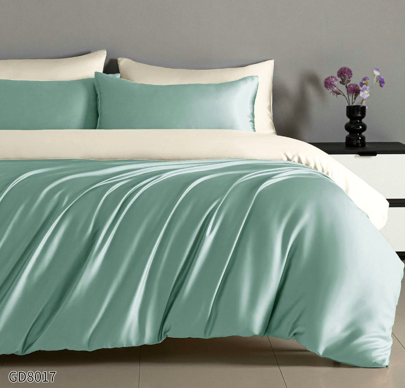 Lenjerie Pat Dublu din Satin, 4 Piese, cu Elastic, Vernil/Crem-P8787