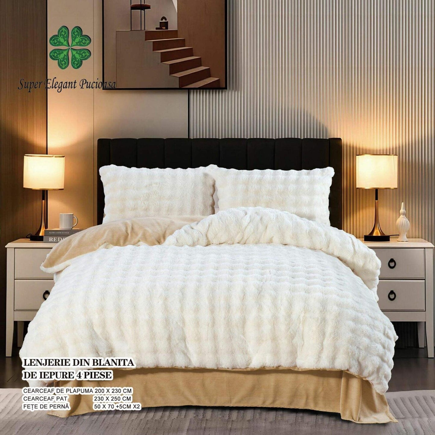 Lenjerie Luxury, Pufoasa, din Blanita artificiala Tip Iepure, 4 piese, Crem/Bej-P9119