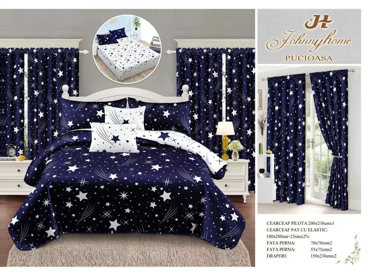 Lenjerie Pat Dublu cu Elastic, din Finet, 6 Piese + 2 Draperii, Bleumarin/Stele-H9051