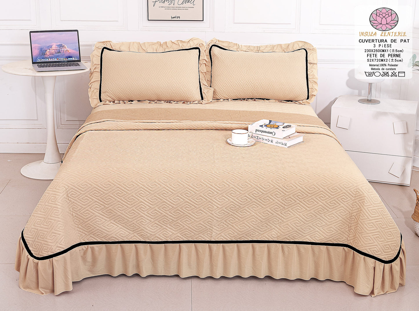 Cuvertura 3 Piese de Lux, din Catifea, cu Volanase, Bej-P8864