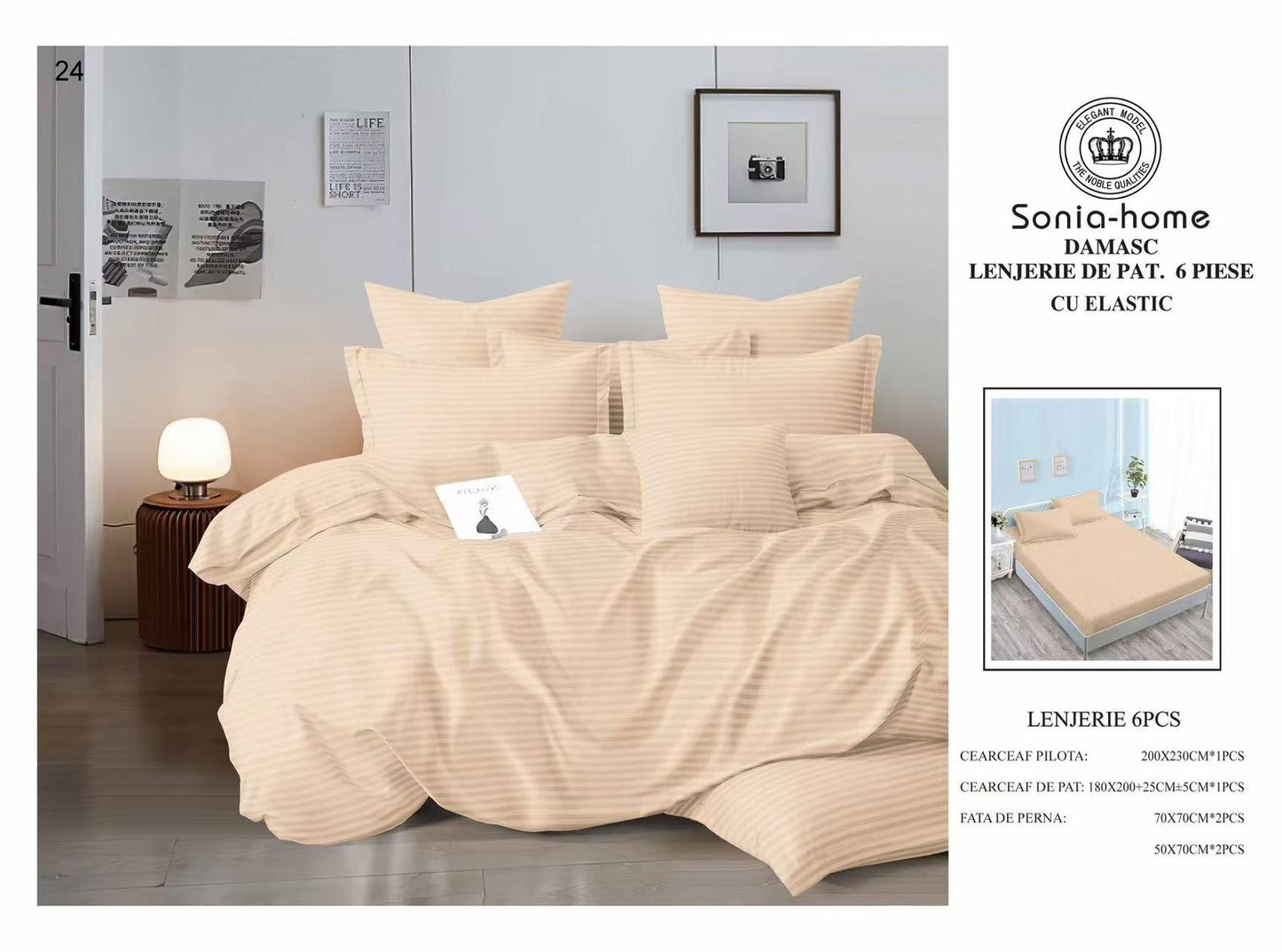 Lenjerie Bumbac Damasc 6 Piese cu Elastic, Bej-S8552