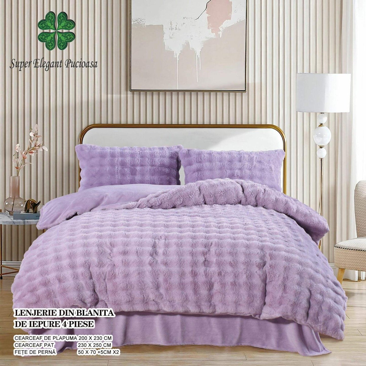 Lenjerie Luxury, Pufoasa, din Blanita artificiala Tip Iepure, 4 piese, Lila-P9115