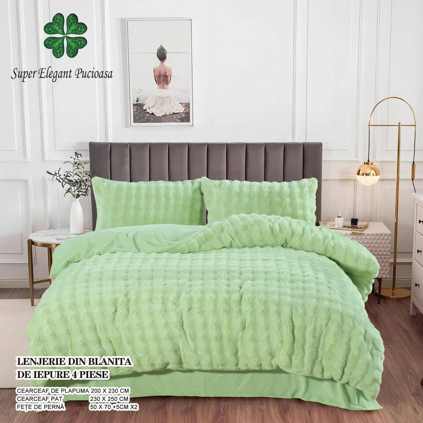 Lenjerie Luxury, Pufoasa, din Blanita artificiala Tip Iepure, 4 piese, Verde-P9114