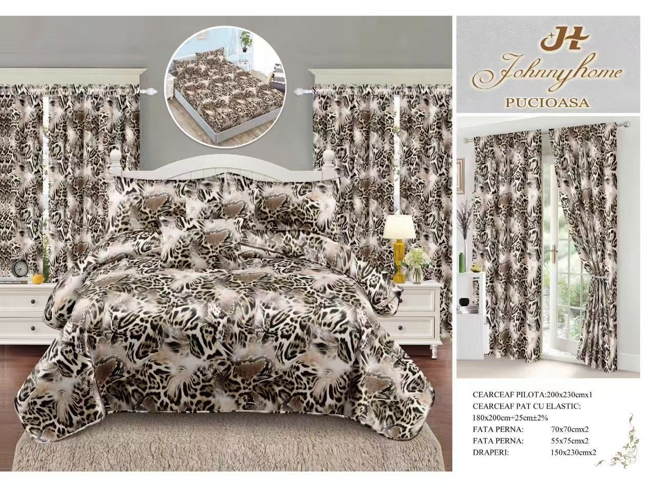 Lenjerie Pat Dublu cu Elastic, din Finet, 6 Piese + 2 Draperii, Animal Print-H9055