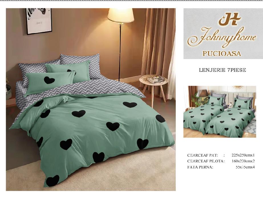 Lenjerie Pat Dublu Bumbac Satinat 7 Piese, cu 2 Cearceafuri de pilota, Verde/Inimi-H8793