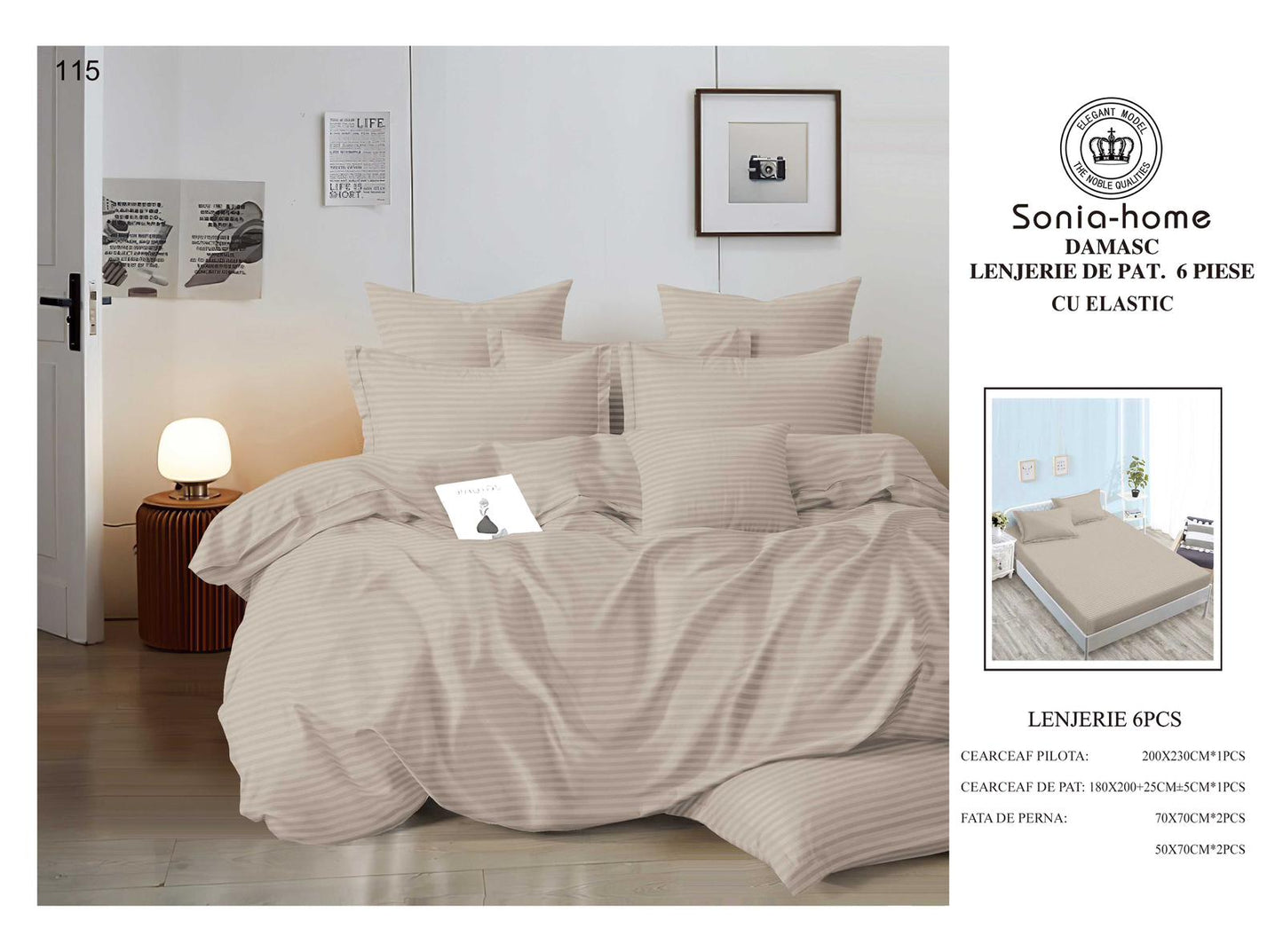 Lenjerie Bumbac Damasc 6 Piese cu Elastic, Cappuccino-S8561