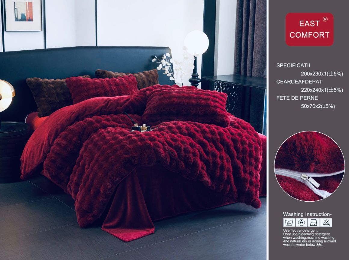 Lenjerie Luxury, Pufoasa, din Blanita artificiala Tip Iepure, 4 piese, Grena-D8904