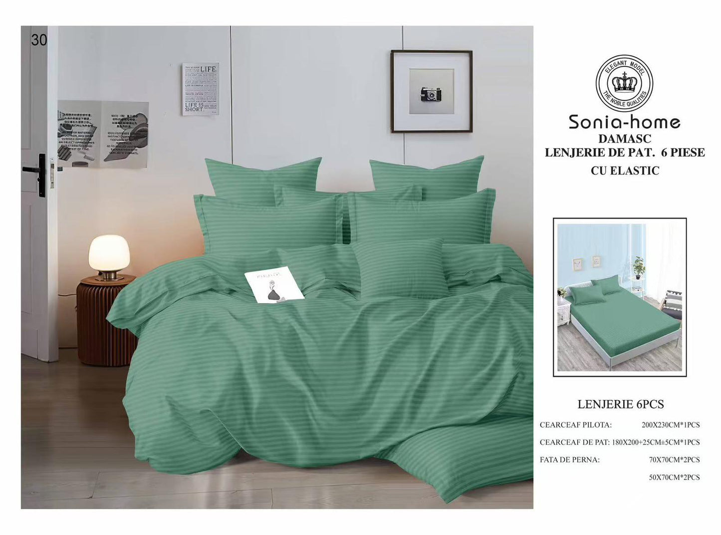 Lenjerie Bumbac Damasc 6 Piese cu Elastic, Verde Menta-S8559