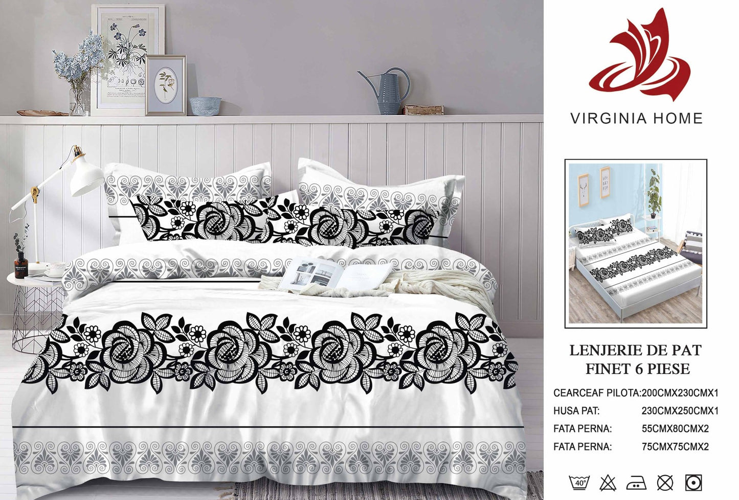 Lenjerie Pat Dublu din Finet, 6 Piese, cu Elastic, Trandafiri-V8922