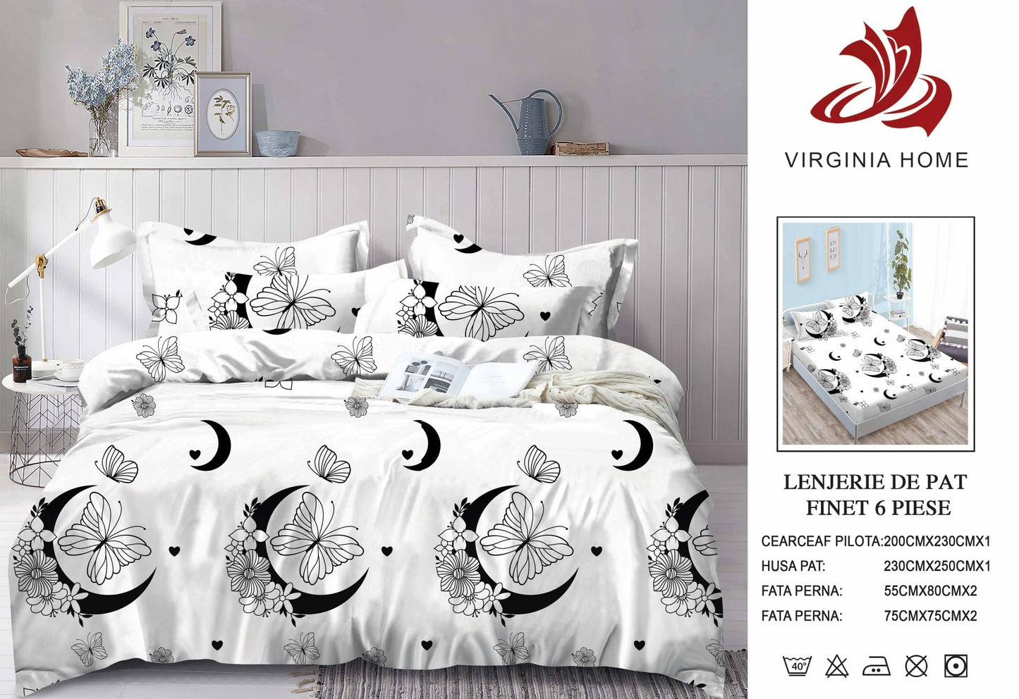 Lenjerie Pat Dublu din Finet, 6 Piese, cu Elastic, Luna/Fluturi-V8909