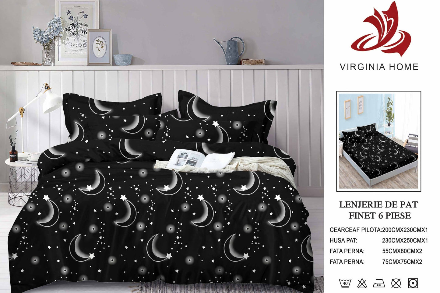 Lenjerie Pat Dublu din Finet, 6 Piese, cu Elastic, Luna/Stele-V8911