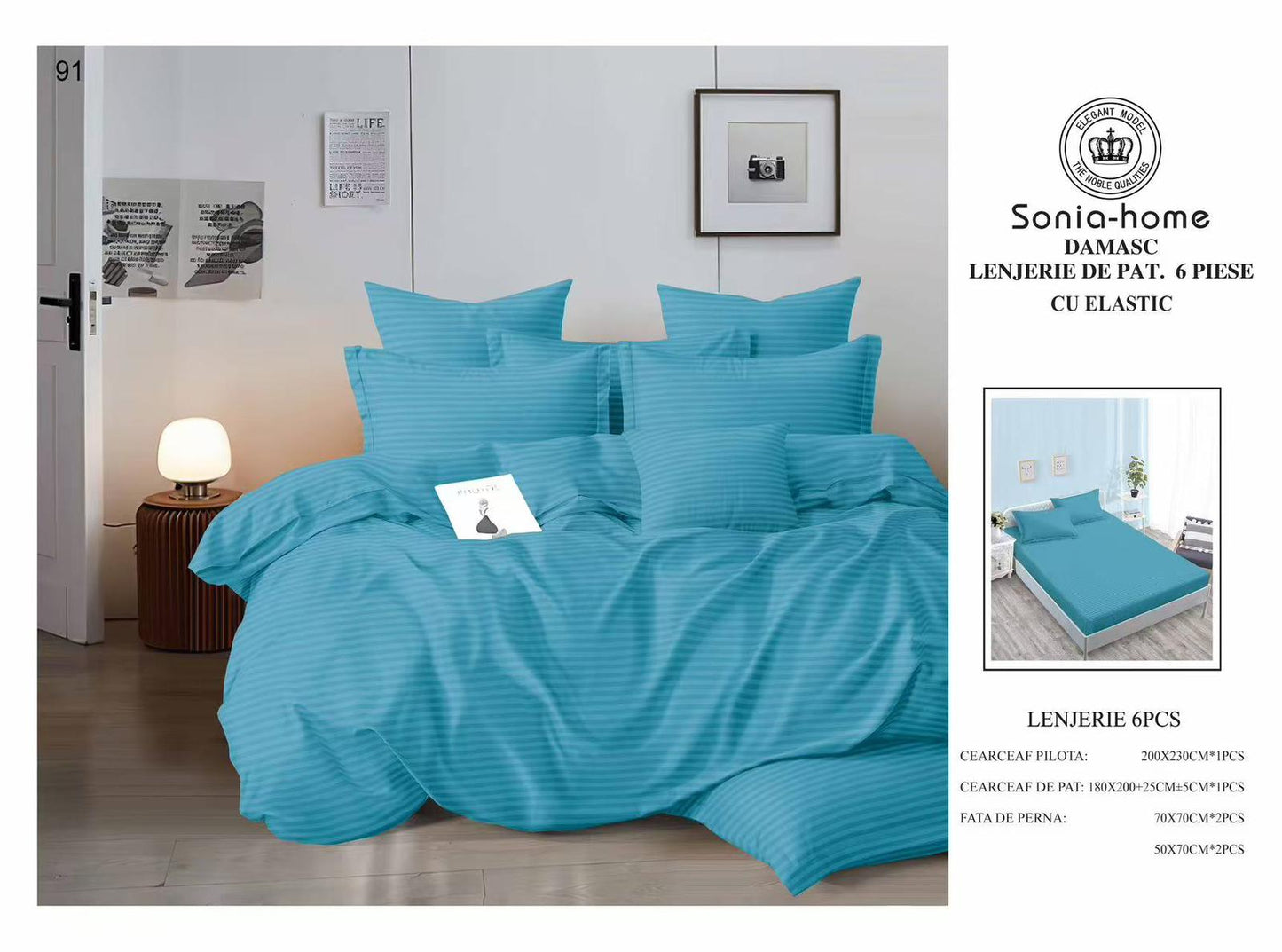 Lenjerie Bumbac Damasc 6 Piese cu Elastic, Albastru-S8554