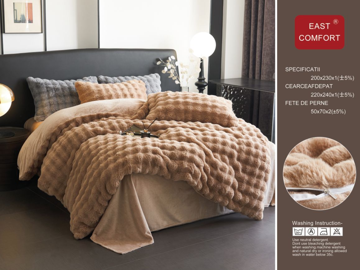 Lenjerie Luxury, Pufoasa, din Blanita artificiala Tip Iepure, 4 piese, Bej-D8903
