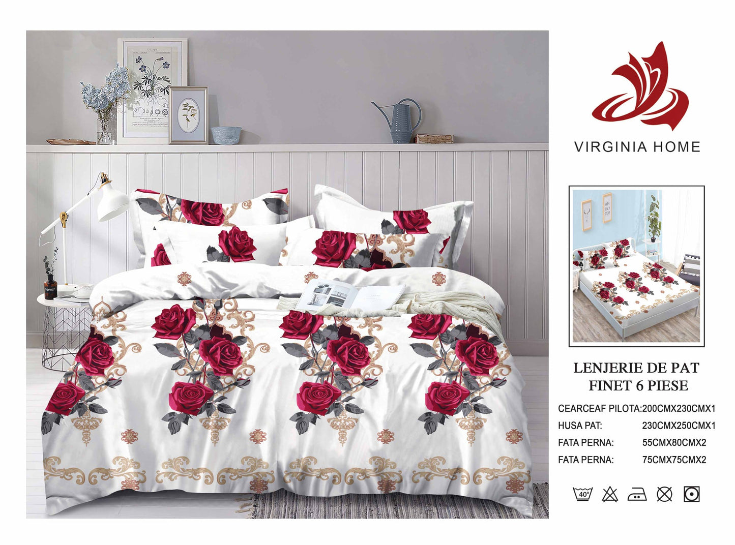 Lenjerie Pat Dublu din Finet, 6 Piese, cu Elastic, Trandafiri-V8912