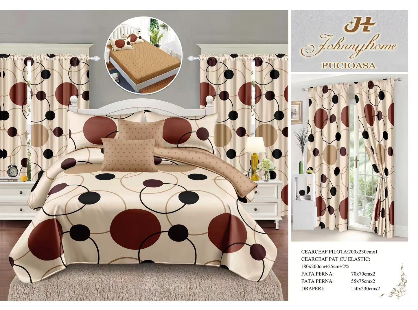 Lenjerie Pat Dublu cu Elastic, din Finet, 6 Piese + 2 Draperii, Bej/Cercuri-H9054