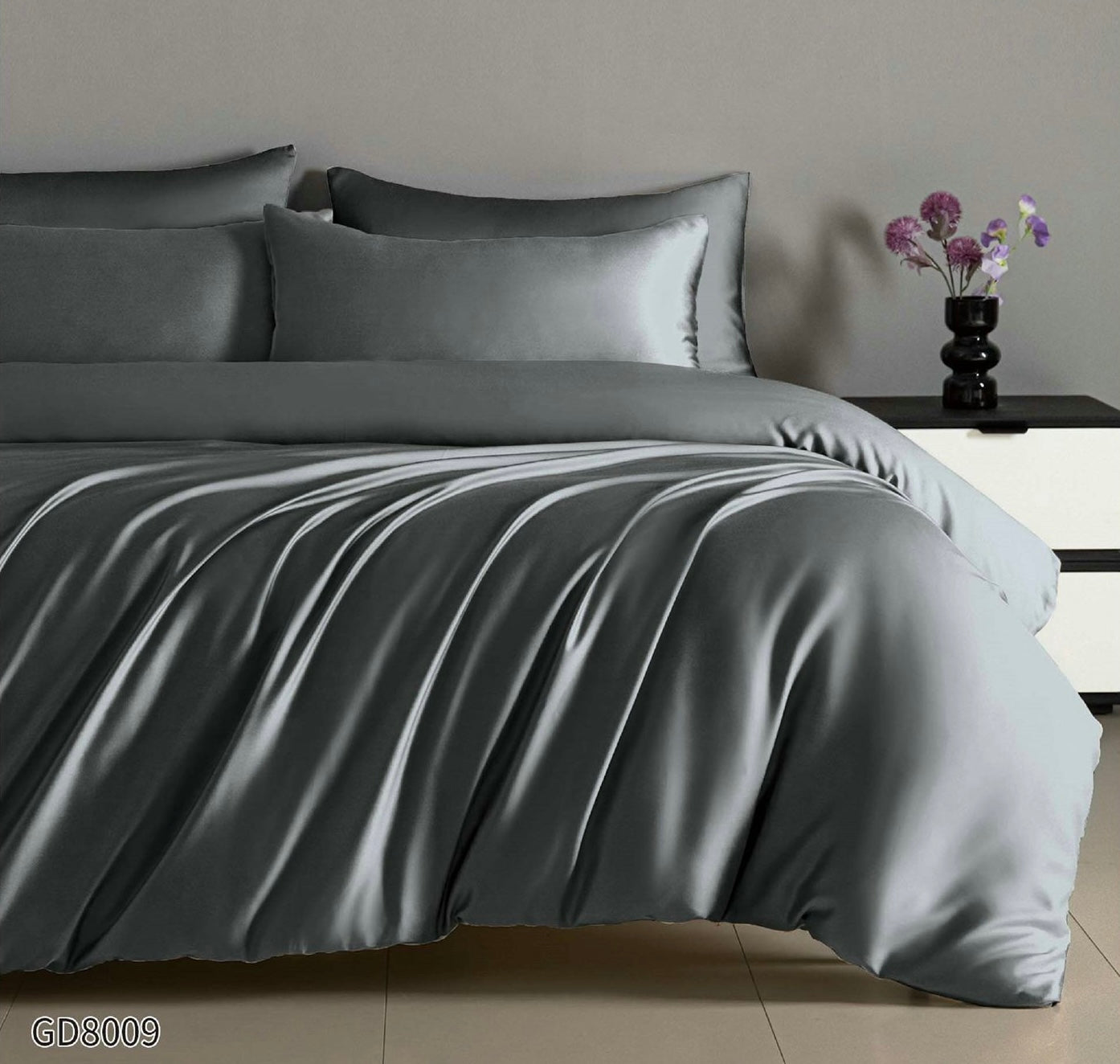 Lenjerie Pat Dublu din Satin, 4 Piese, cu Elastic, Gri Închis-P8786