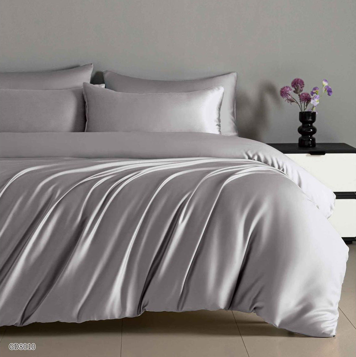 Lenjerie Pat Dublu din Satin, 4 Piese, cu Elastic, Gri-P8781