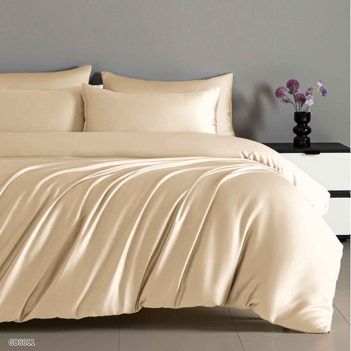 Lenjerie Pat Dublu din Satin, 4 Piese, cu Elastic, Bej Deschis-P8782