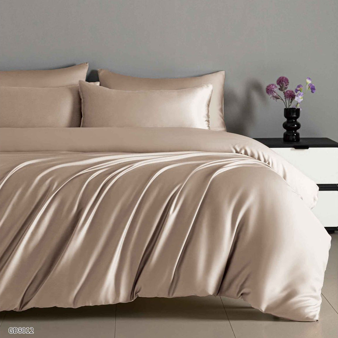 Lenjerie Pat Dublu din Satin, 4 Piese, cu Elastic, Bej Inchis-P8783