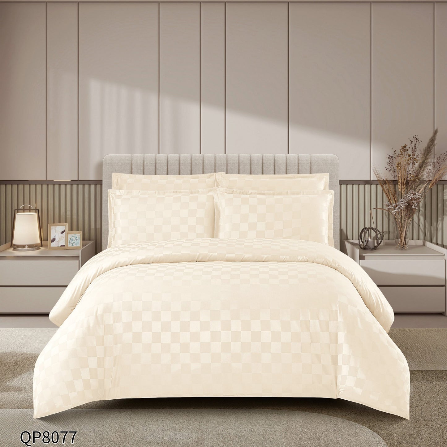 Lenjerie Pat Dublu din Damasc Finetat, 4 Piese cu Elastic, Crem Deschis-P8649