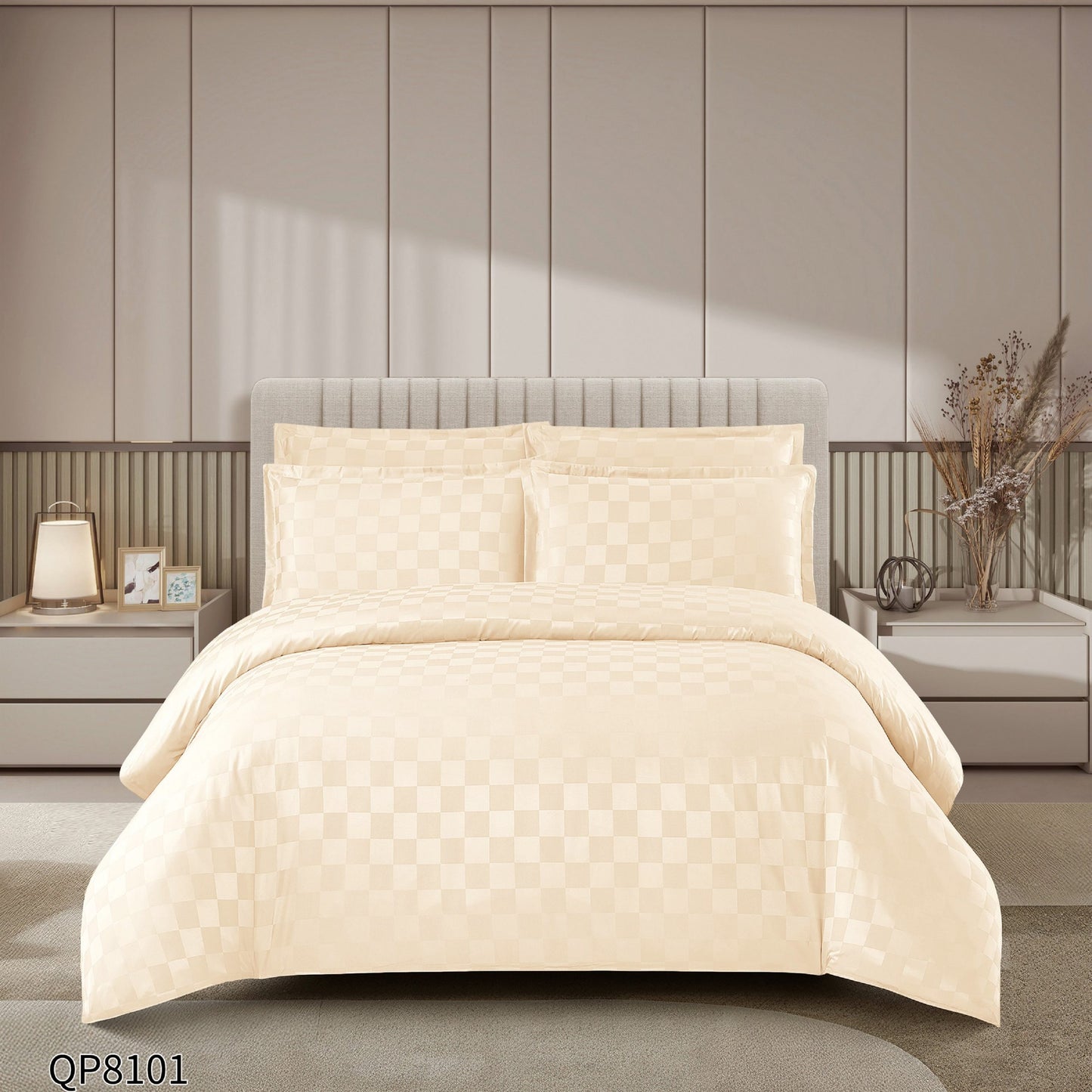 Lenjerie Pat Dublu din Damasc Finetat, 4 Piese cu Elastic, Crem-P8658