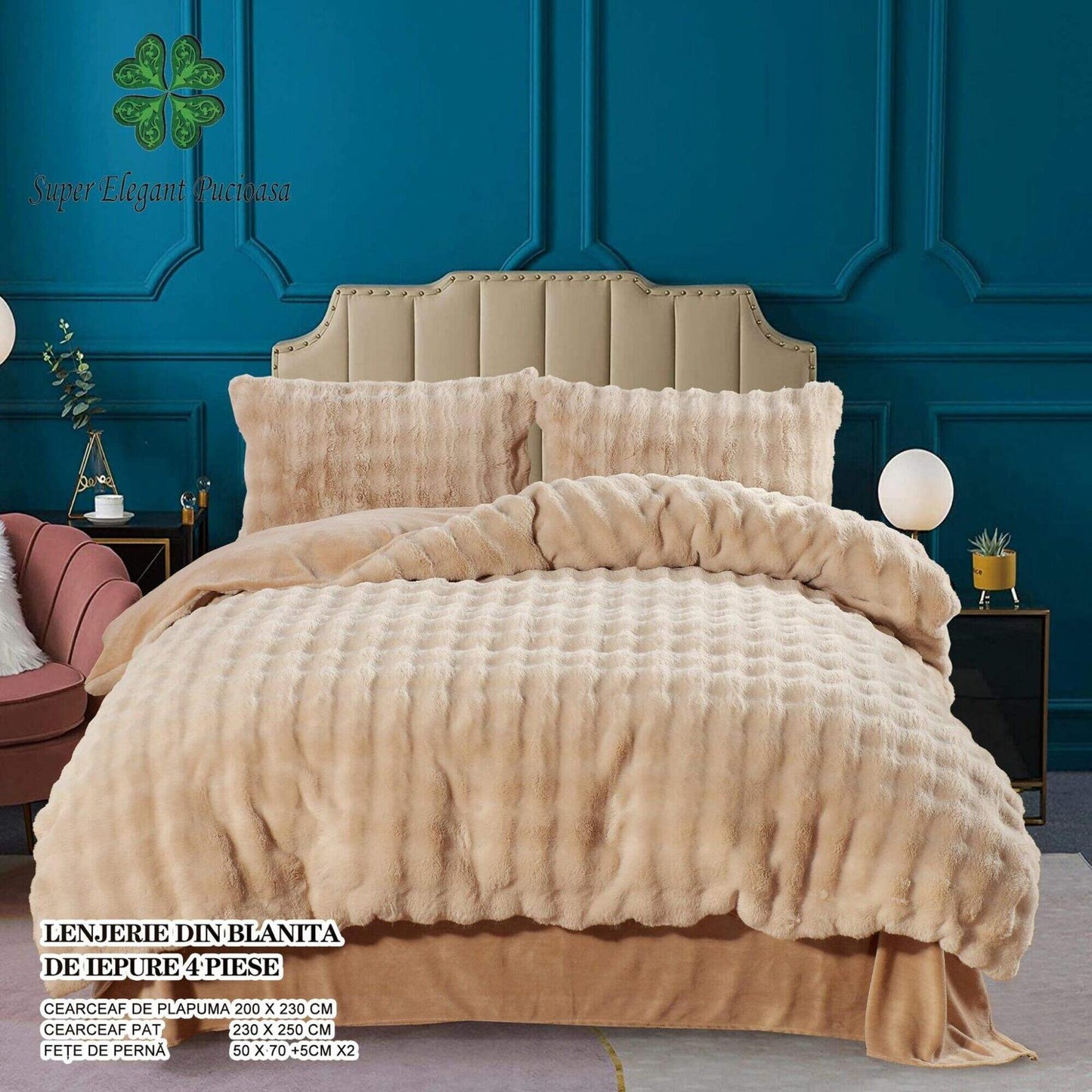 Lenjerie Luxury, Pufoasa, din Blanita artificiala Tip Iepure, 4 piese, Bej-P9116