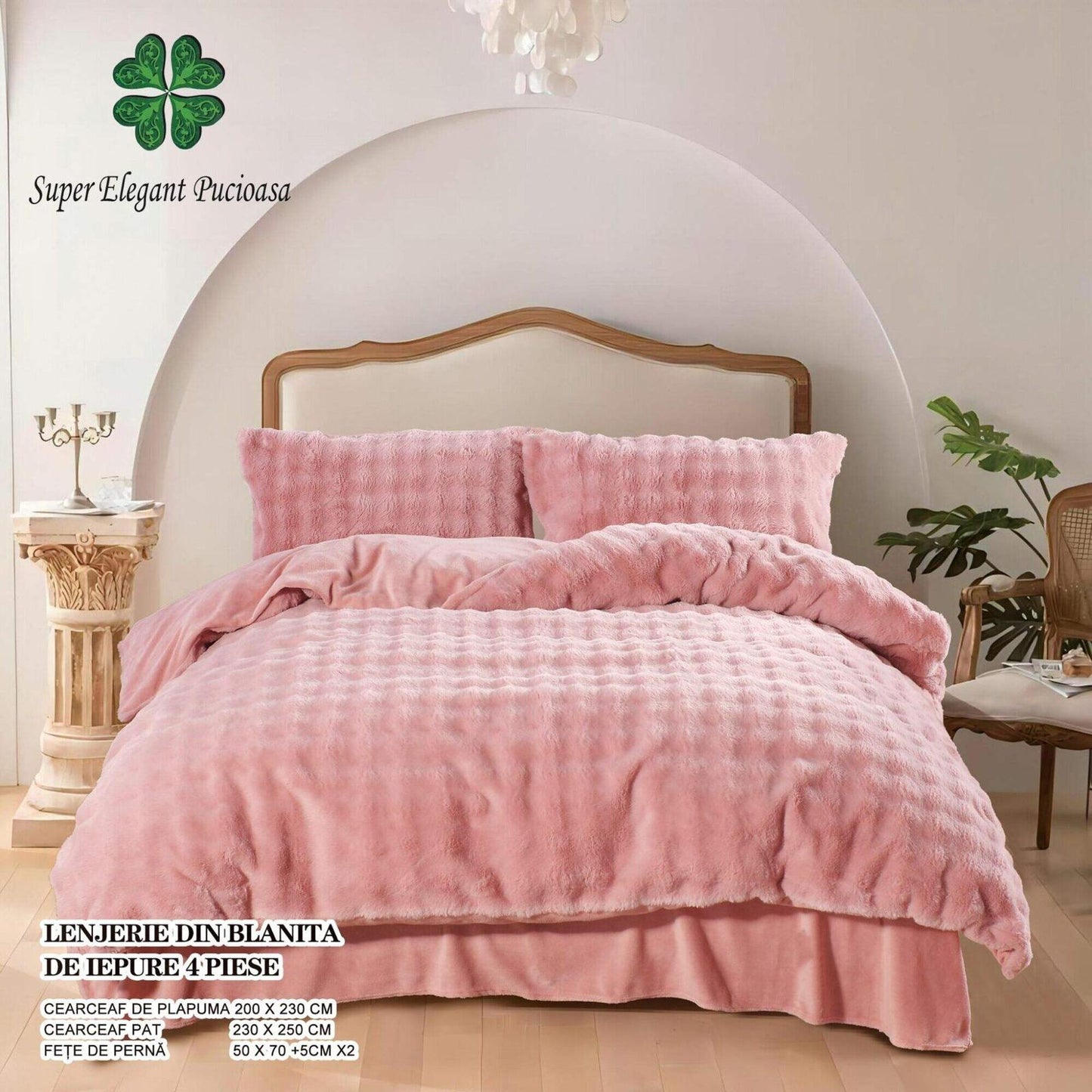 Lenjerie Luxury, Pufoasa, din Blanita artificiala Tip Iepure, 4 piese, Roz-P9117