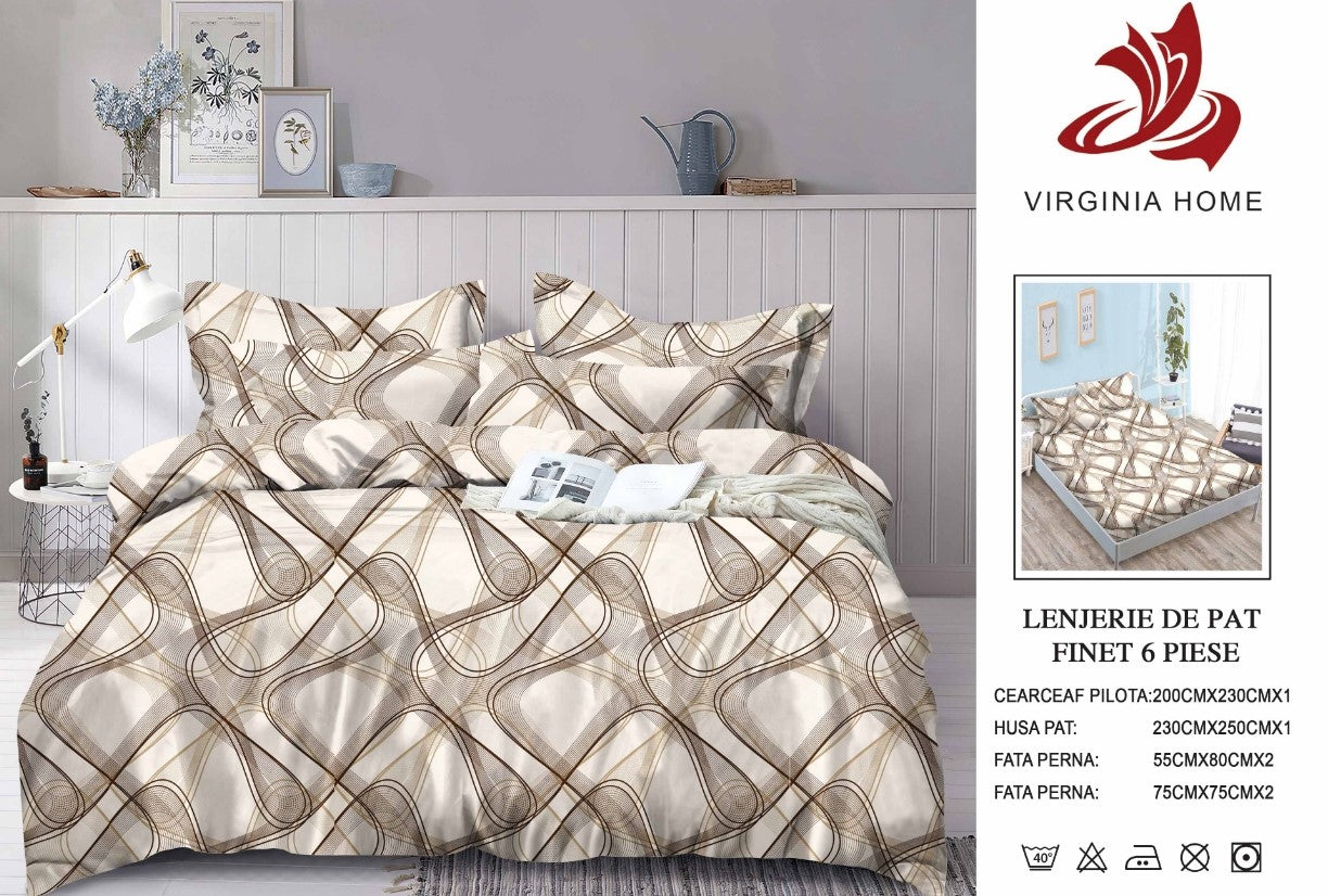 Lenjerie Pat Dublu din Finet, 6 Piese, cu Elastic, Bej-V8930