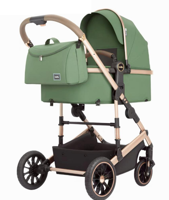 Carucior 3 in 1, cu Suspensii, Geanta Termica Pentru Accesorii si Salteluta, Landou reversibil, Cadru aluminiu, Verde