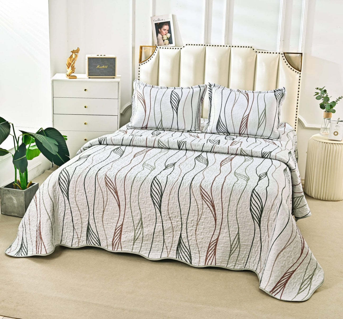 Cuvertura De Pat 3 Piese, din Bumbac Satinat, Imprimeu Abstract-P5916