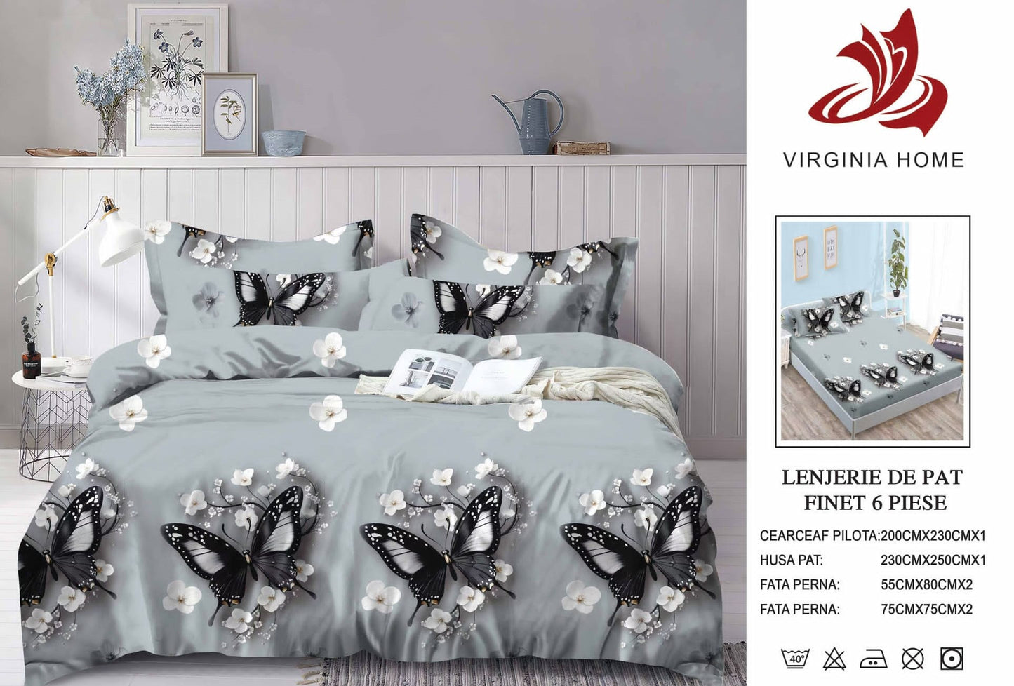 Lenjerie Pat Dublu din Finet, 6 Piese, cu Elastic, Fluturi-V8933