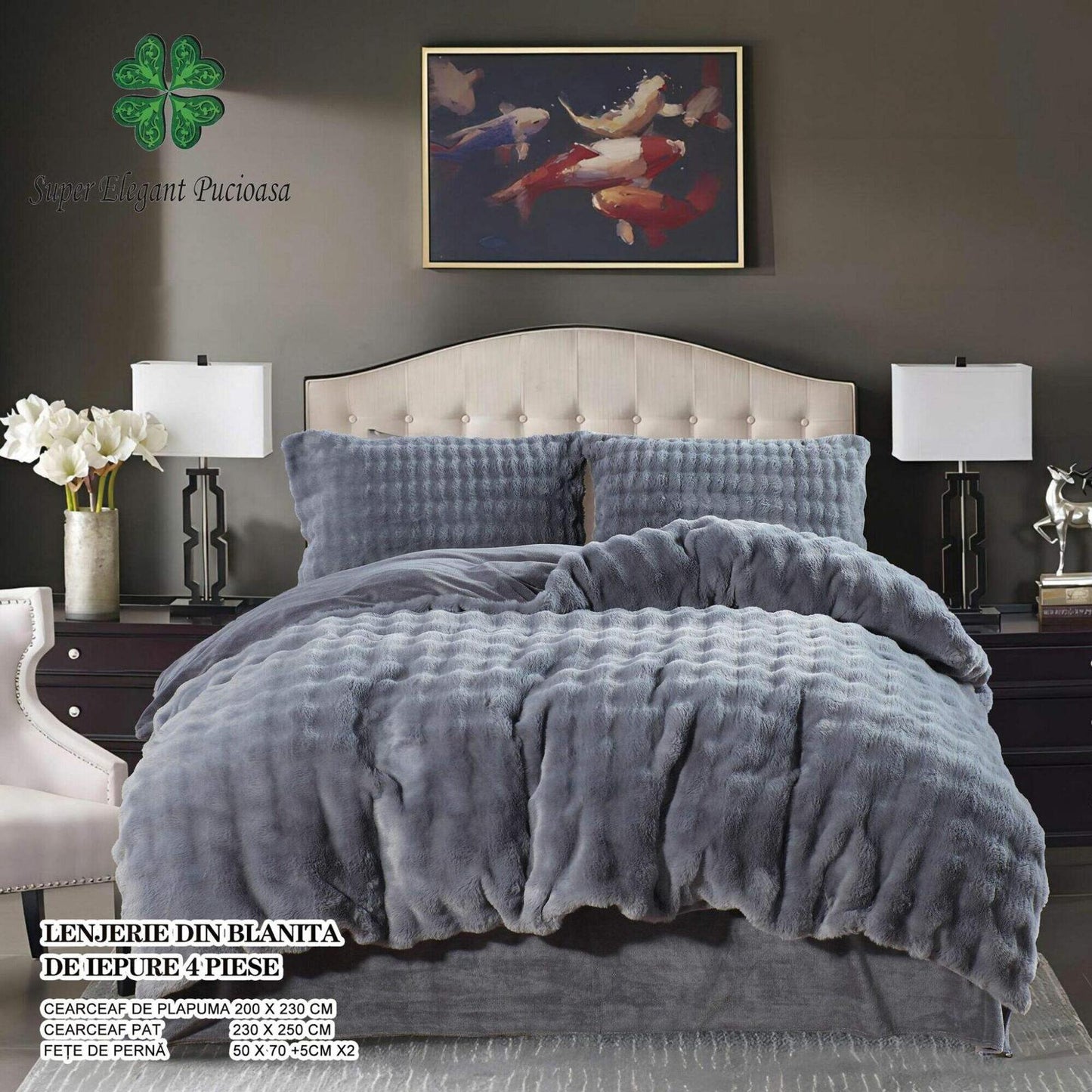Lenjerie Luxury, Pufoasa, din Blanita artificiala Tip Iepure, 4 piese, Gri-P9118