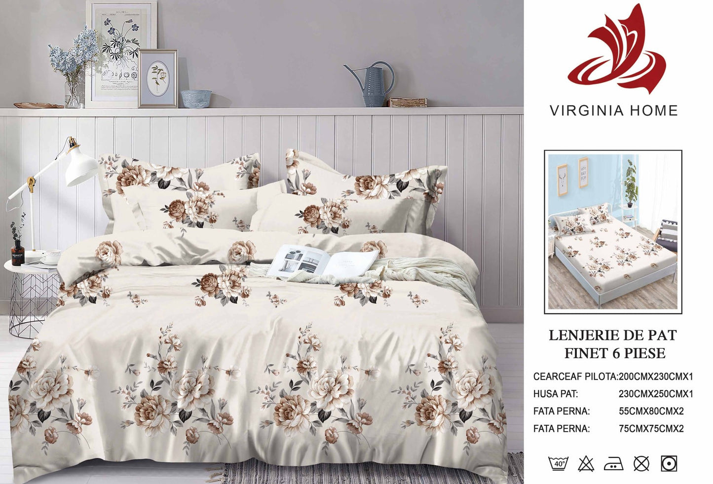 Lenjerie Pat Dublu din Finet, 6 Piese, cu Elastic, Bej/Flori-V8935