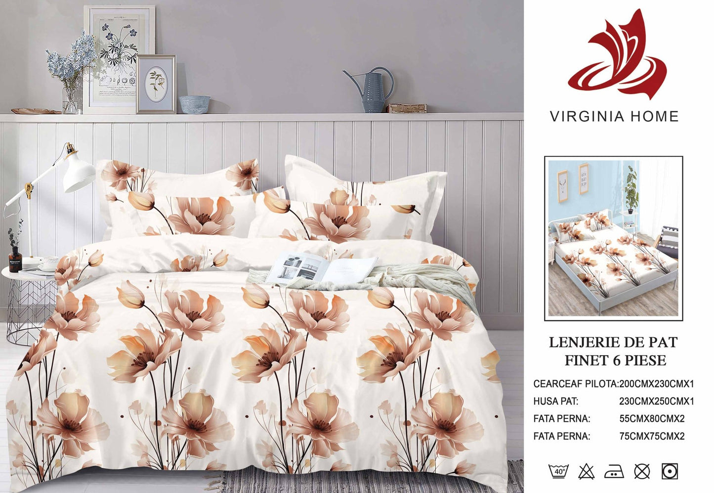 Lenjerie Pat Dublu din Finet, 6 Piese, cu Elastic, Bej/Flori-V8936
