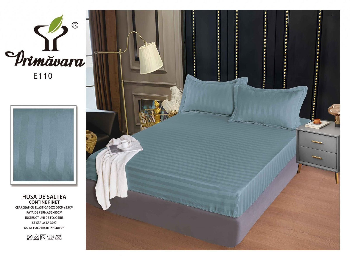 Husa de Pat cu Elastic din Damasc Finetat, 160x200cm+2 Fete de Perna, Gri Albastrui-P7848