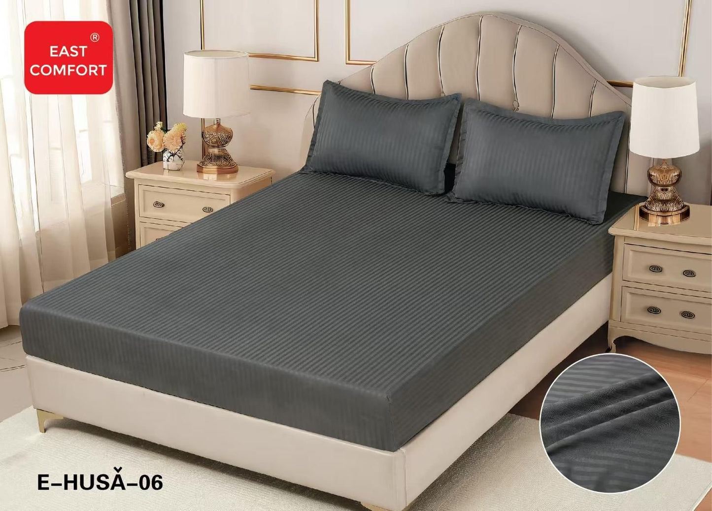 Husa de Pat cu Elastic din Damasc Finetat, 180x200cm+2 Fete de Perna, Gri Inchis-D8129