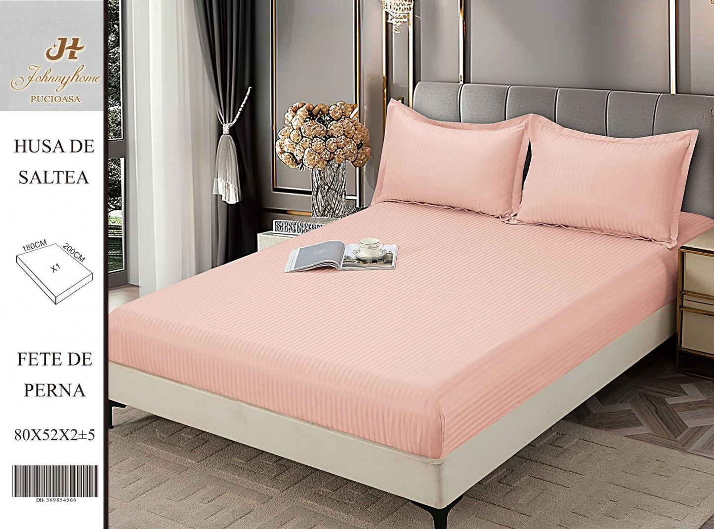 Husa de Pat cu Elastic din Damasc Finetat, 180x200cm+2 Fete de Perna, Corai-H8413