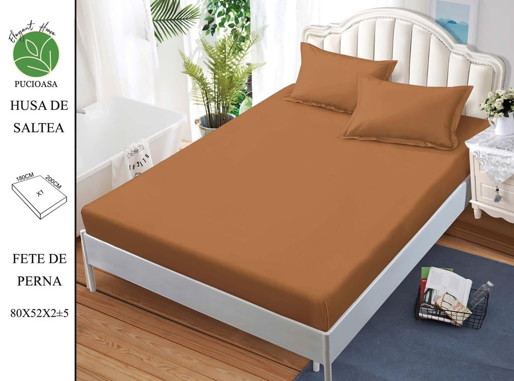 Husa de Pat cu Elastic, Din Finet, 180x200cm+2 fete de Perna, Bej Inchis Uni
