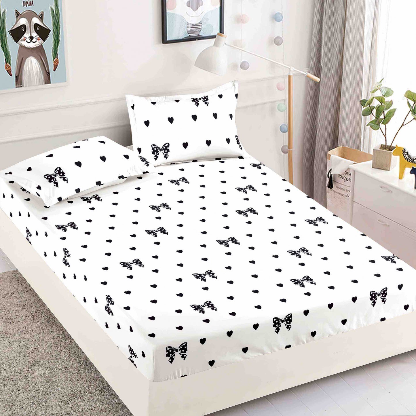 Husa de Pat cu Elastic, Din Finet, 180x200cm+2 fete de perna, Fundite/Inimioare-C6483