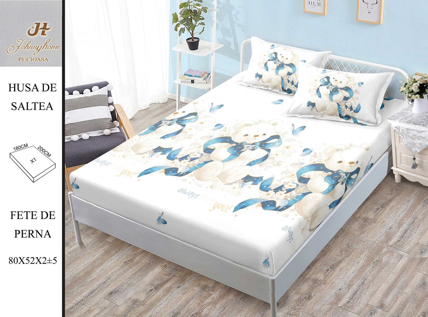 Husa de Pat cu Elastic, Din Finet, 180x200cm+2 fete de Perna-H8374
