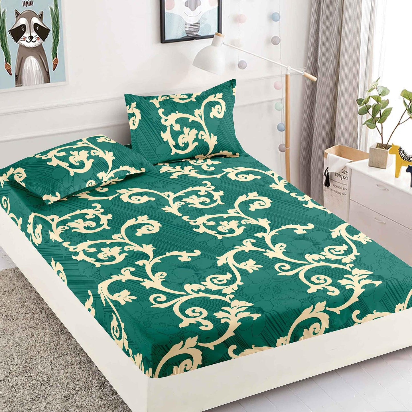 Husa de Pat cu Elastic, Din Finet, 180x200cm+2 fete de perna, Verde/Crem-C6380