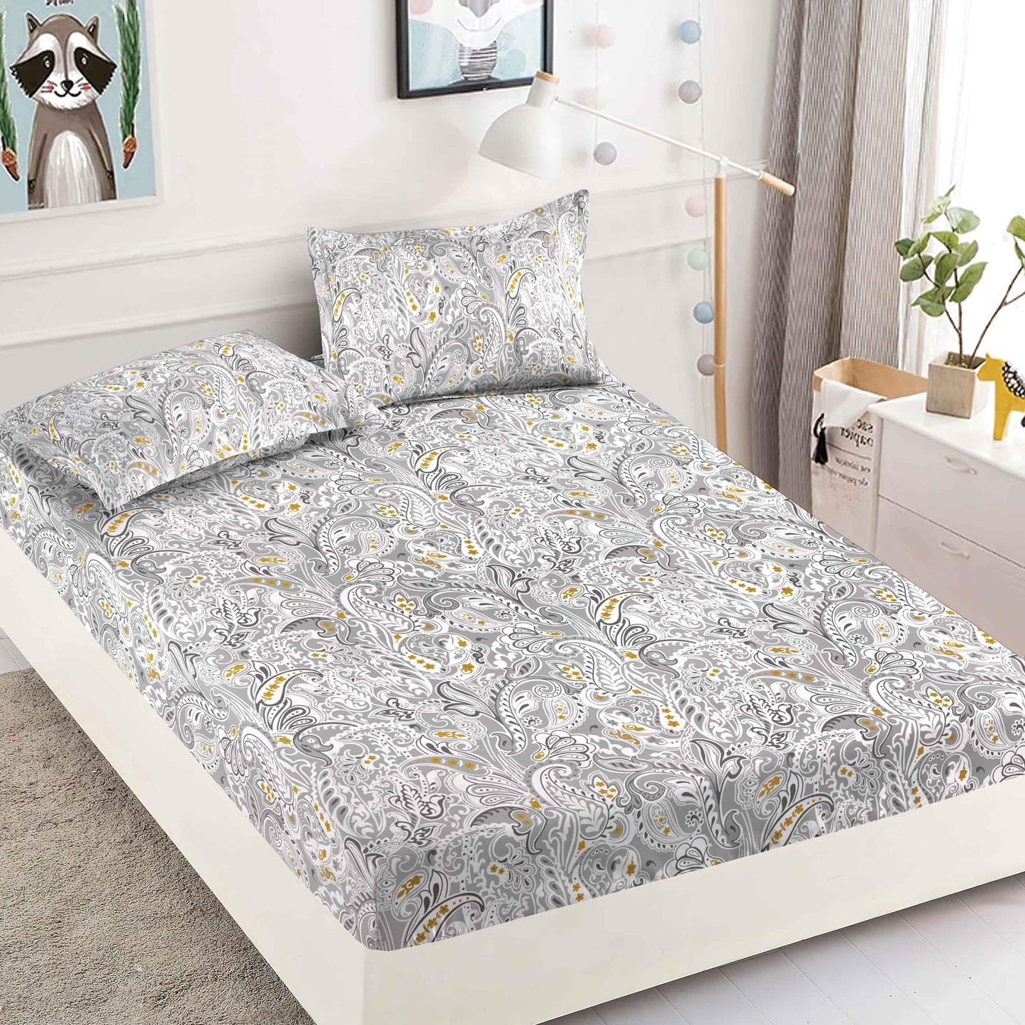 Husa de Pat cu Elastic, Din Finet, 180x200cm+2 fete de perna, Gri-C6377