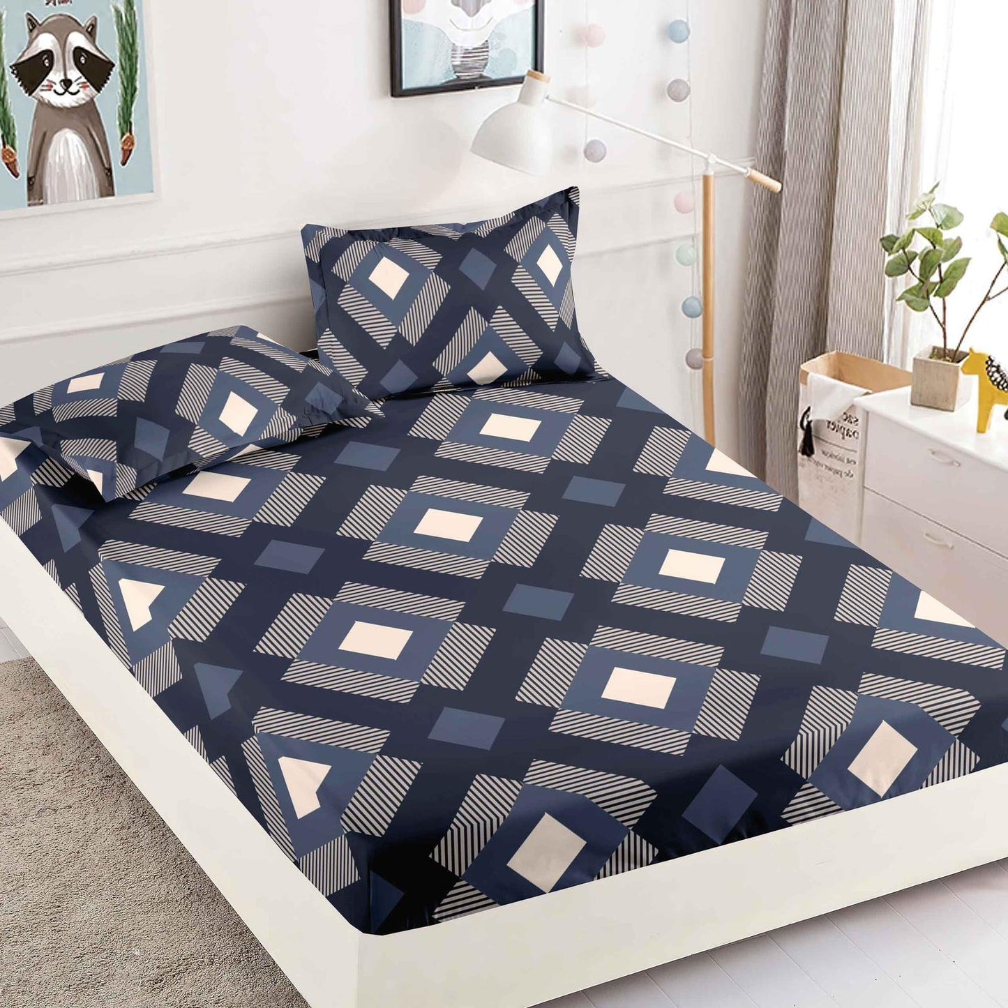 Husa de Pat cu Elastic, Din Finet, 180x200cm+2 fete de perna, Model Geometric-C6372