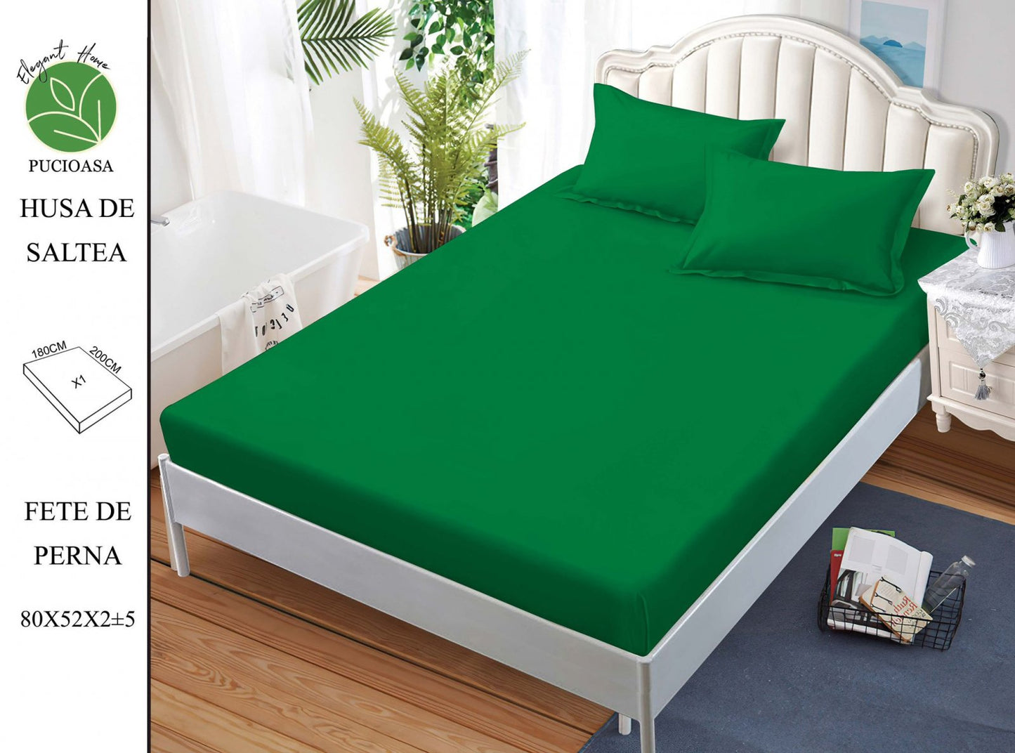 Husa de Pat cu Elastic, Din Finet, 180x200cm+2 fete de Perna, Verde Oscur Uni