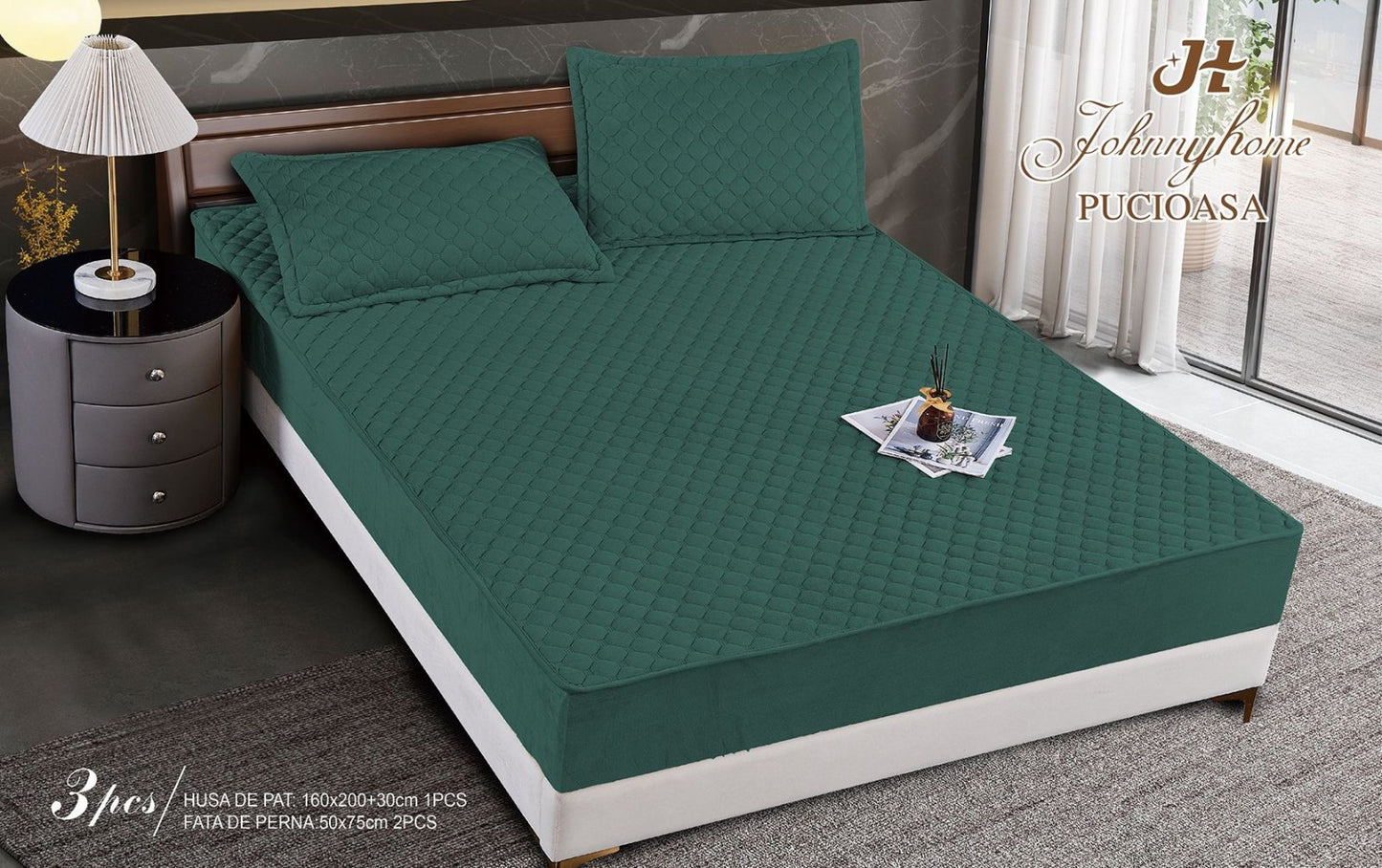Husa matlasata tip topper din catifea, 160x200cm+2 fete de perna 50x70cm, Verde-H6819