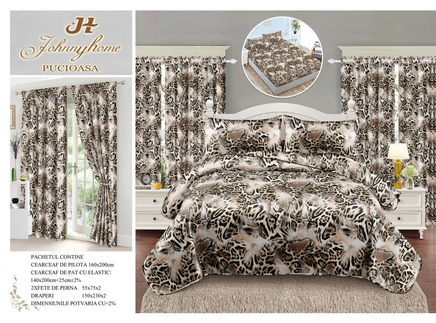 Lenjerie 1 Persoana cu Elastic, Finet, 4 Piese + 2 Draperii, Animal Print-H7794