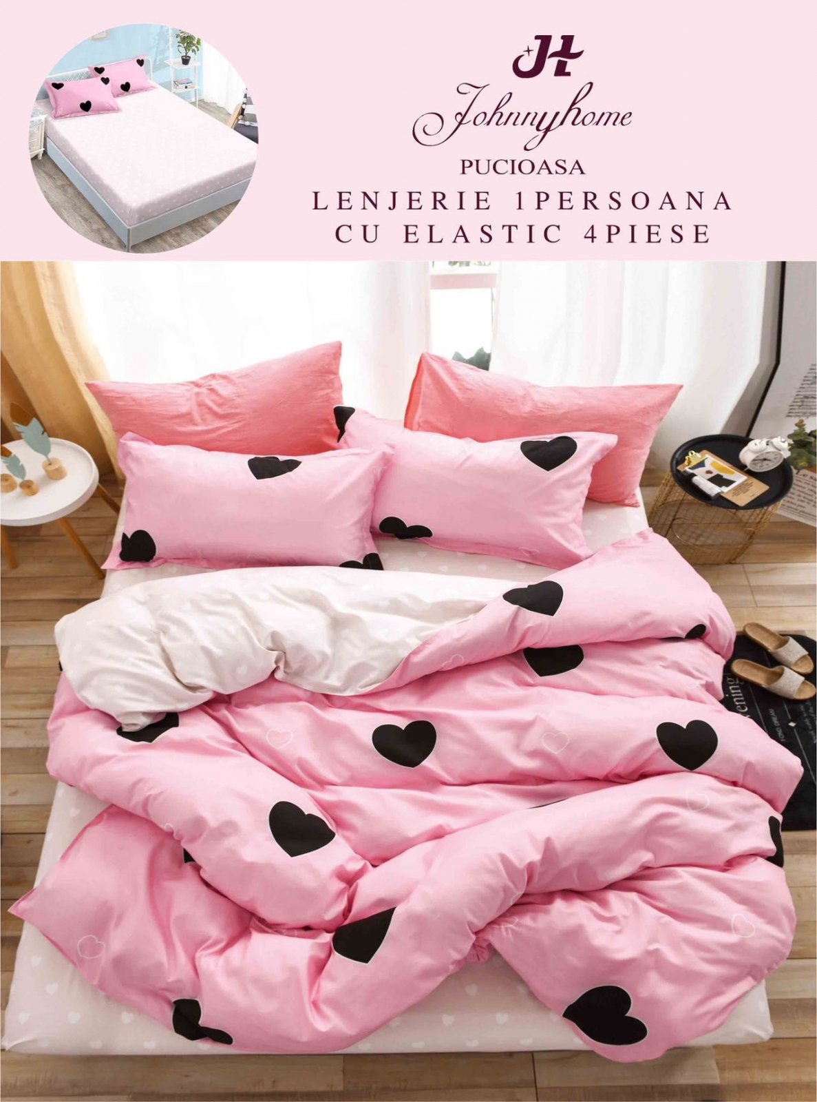 Lenjerie 4 Piese 1 Persoana, cu Elastic, din Bumbac Satinat, Roz/Inimi-H6778