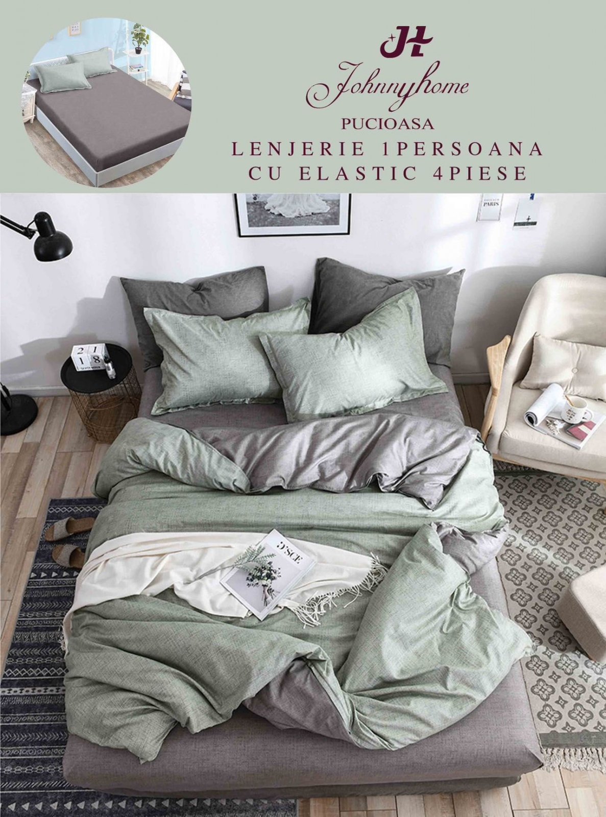 Lenjerie 4 Piese 1 Persoana, cu Elastic, din Bumbac Satinat, Verde/Gri-H6790