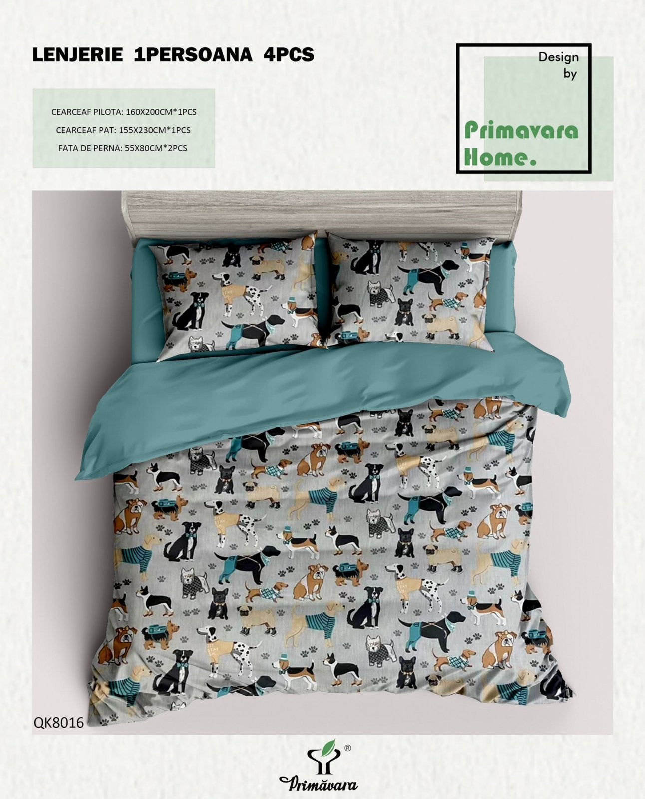 Lenjerie Bumbac 100%, 4 Piese, 1 Persoana, Catelusi-P7455