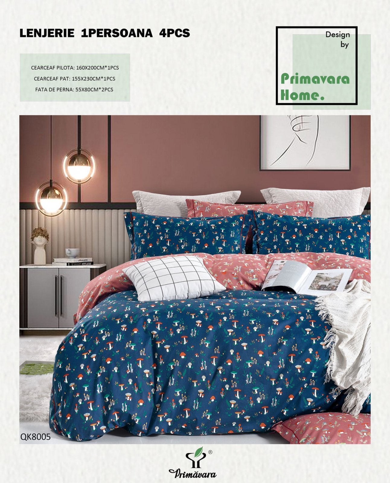 Lenjerie Bumbac 100%, 4 Piese, 1 Persoana, Ciupercute-P7456